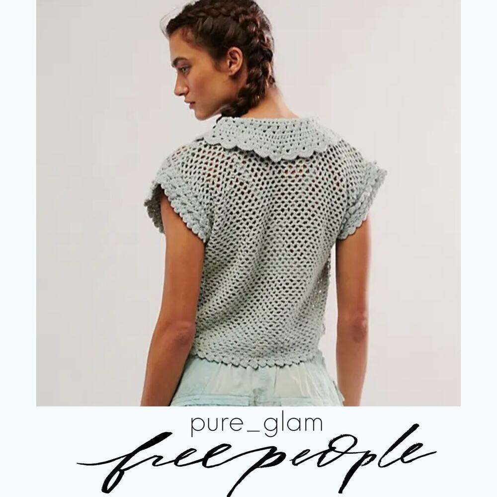 Free People crochet top open knit button-front - Picture 2 of 6